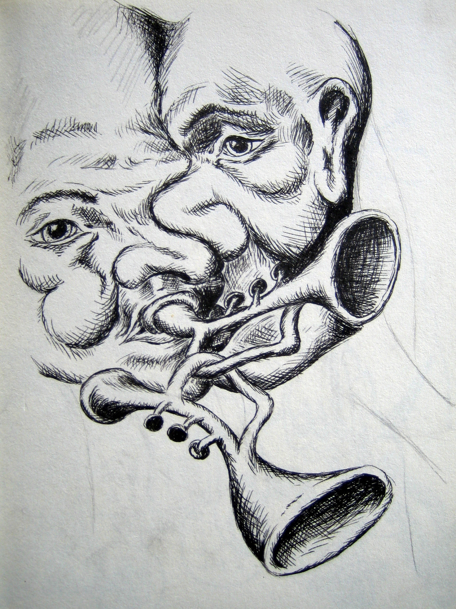 two-man-playing-1-trumpet-black-and-white-drawing-with-pen